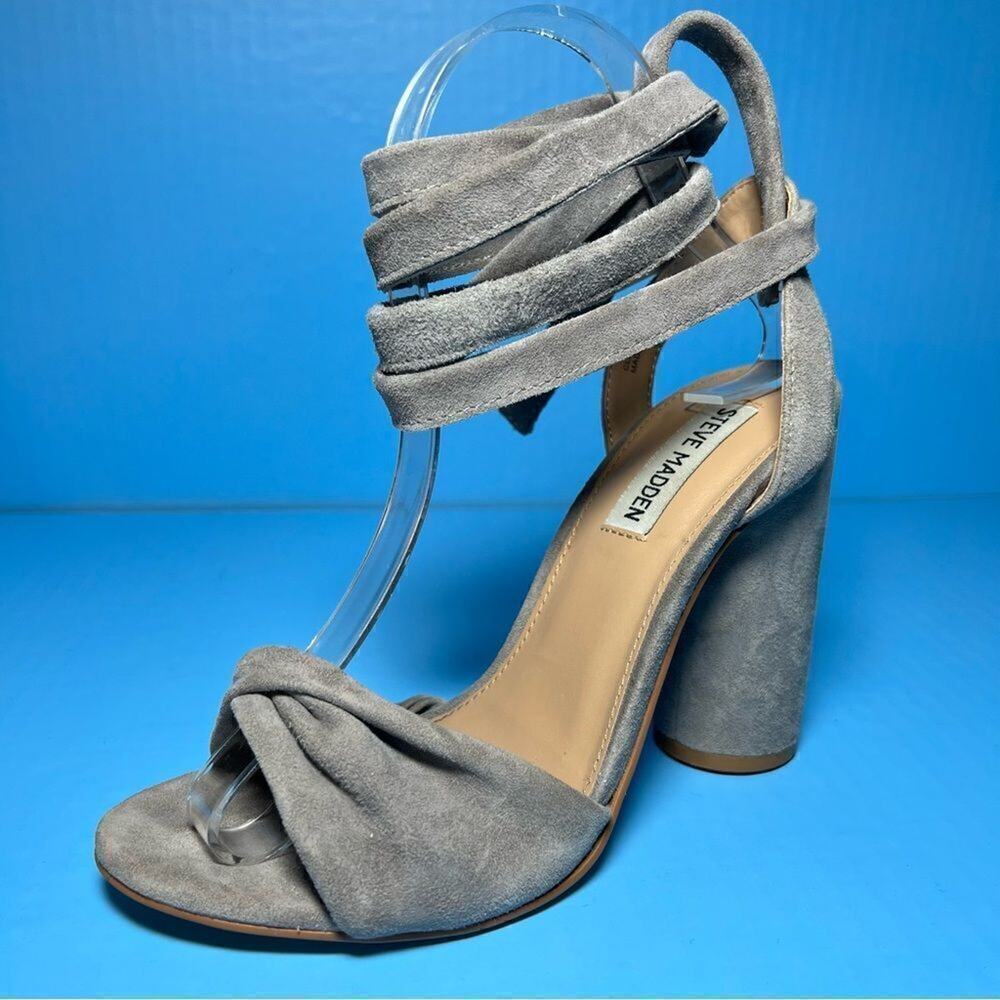 Steve Madden Clary Grey Suede Ankle Wrap Heels Womens 7.5 Lace Up Pumps